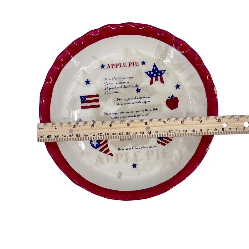 Americana Patriotic Apple Pie Recipe Stoneware Pie Plate 10 Inch Red White Blue